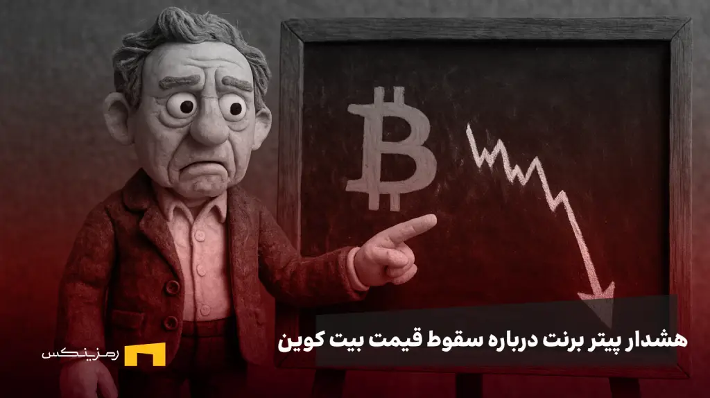 پیتر برنت در کنار چارت سقوطی بیت کوین